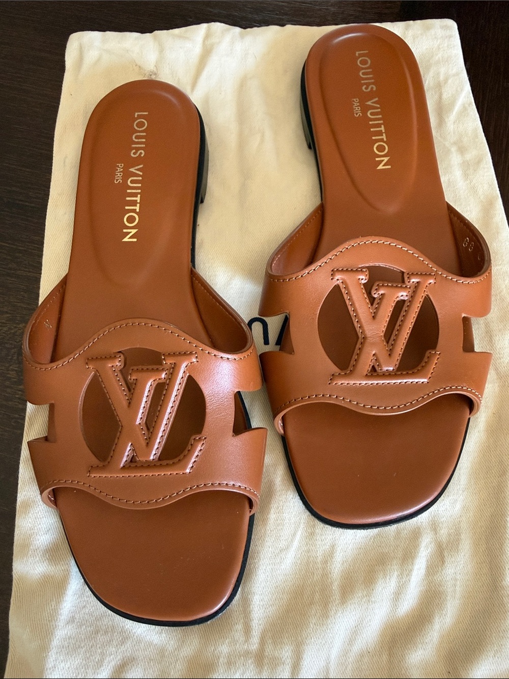 Louis Vuitton Tan Leather LV Cutout Slide Sandals